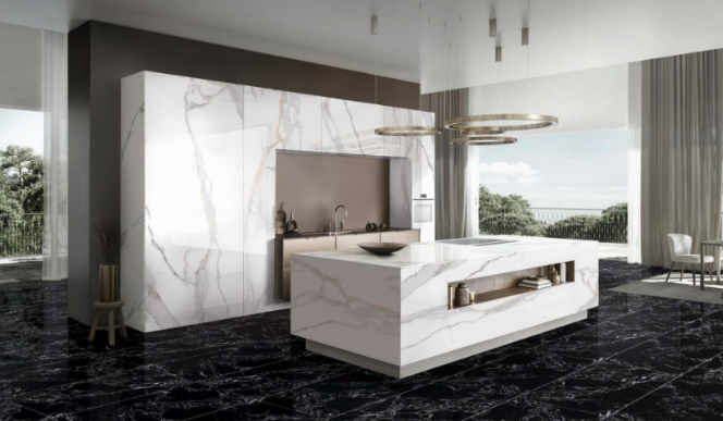 A modern kitchen with black and white marble floors.